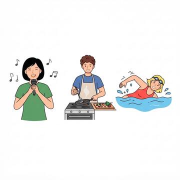 A person singing at a microphone, a person cooking and a person swimming.