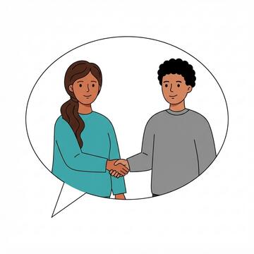 Two women shaking hands inside a speech bubble