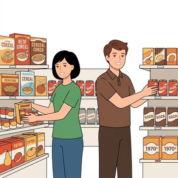 Two people stacking shelves in a supermarket.
