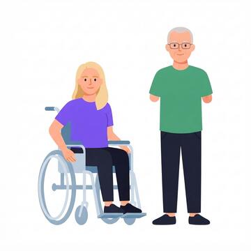 A woman in a wheelchair next to a man with shortened arms