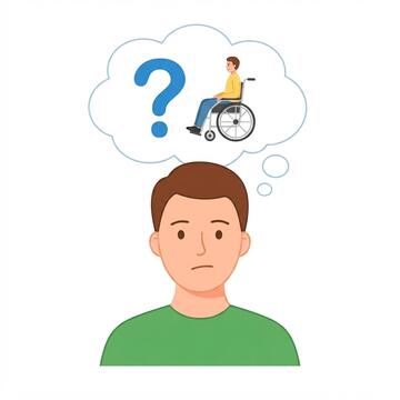 A man with a thought bubble above his head witha  question mark and a person in a cheelchair inside