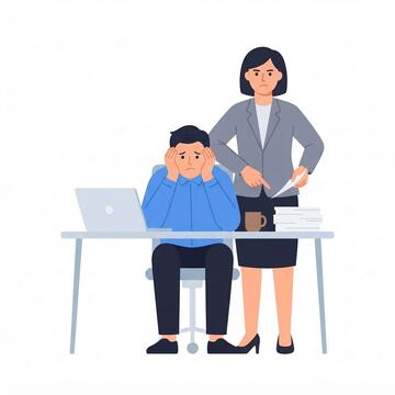 A man looking unhappy at a desk witha  computer, with a woman standing behind him looking angry.