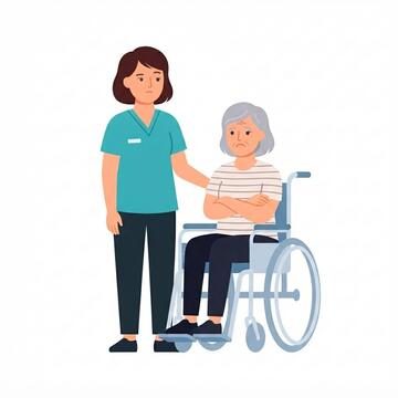 A woman in a wheelchair with support staff and both look unhappy