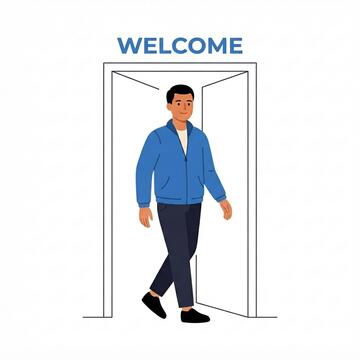 A man walking through a door with Welcome above it