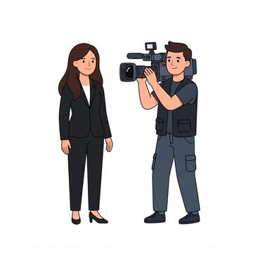 A woman in a black suit being filmed by a TV cameraman