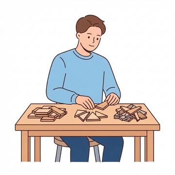 A man sitting at a table sorting pieces of wood into piles