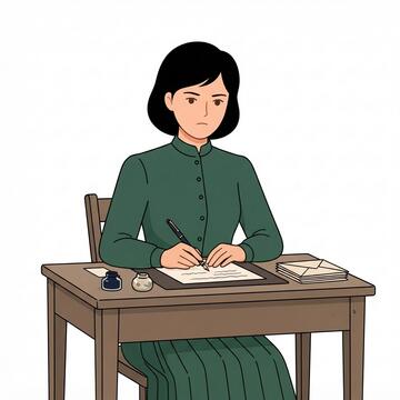 A serious looking woman in 1940s clothes sitting at a desk writing a letter.