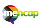 The Mencap logo made with the LGBTQ+ flag