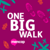 A maroon and white graphic design saying One BIG Walk and the Mencap logo
