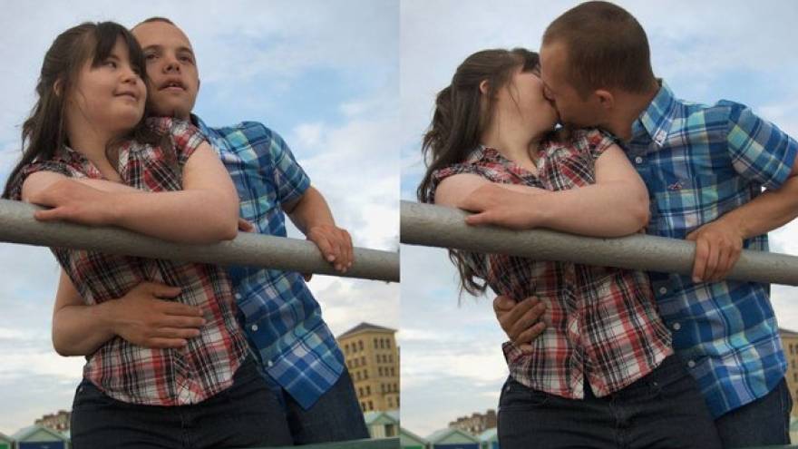Two images of a young couple with their arms around each other, kissing