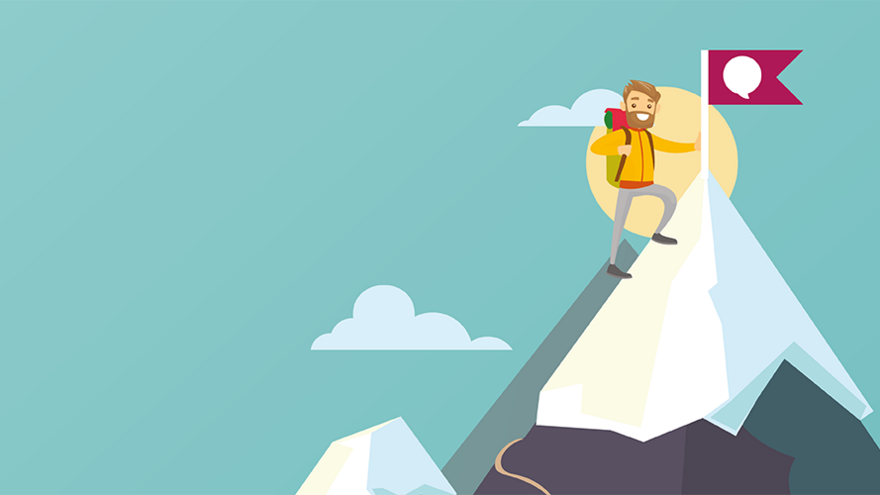 Cartoon image of man placing a flag at the top of a mountain