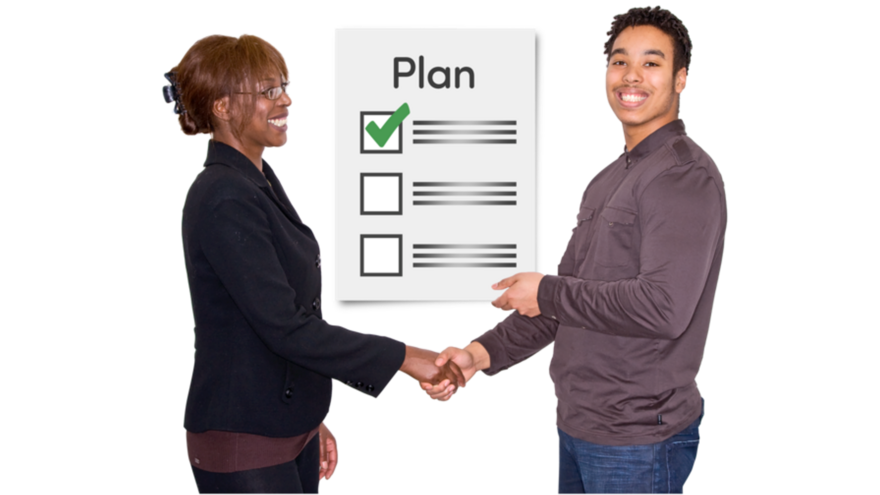 A man and woman shaking hands smiling in front of a list with a green tick on the first bulleted section