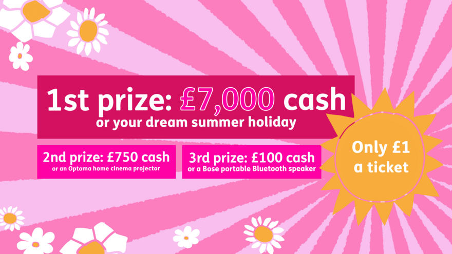 Spring Raffle graphic of a pink sunshine with details of the prizes