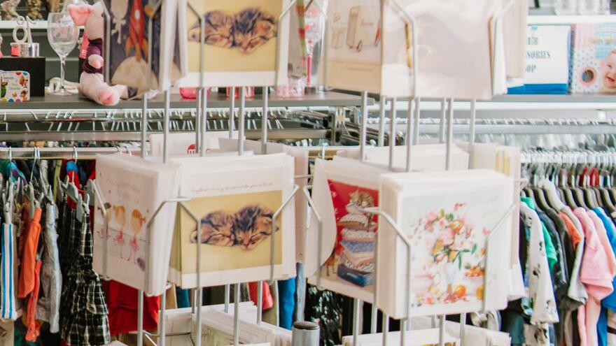 A stand of greetings cards in the Clacton Mencap shop