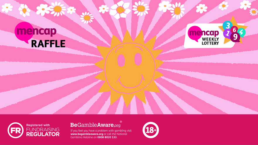A drawing of smiling sun with pink rays alongside the Mencap Weekly Lottery and the Mencap Raffle logos