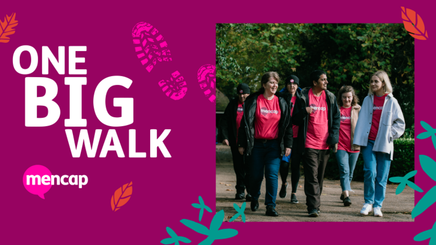 A One Big Walk banner showing the Mencap logo and a group of people walking in a park in Mencap T-Shirts