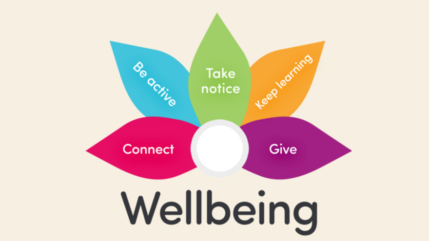A drawing of a wellbeing symbol showing 5 different coloured flower petals - each petal has a word in it: Connect, Give, Be active, Take notice, Keep learning