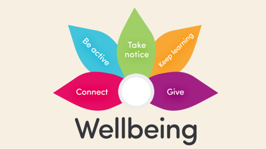 A drawing of a wellbeing symbol showing 5 different coloured flower petals - each petal has a word in it: Connect, Give, Be active, Take notice, Keep learning