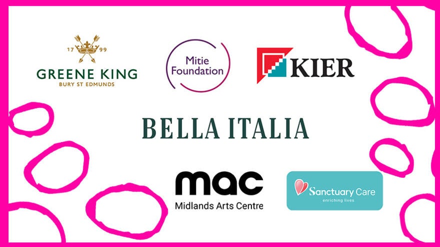 Logos from Greene King, Mitie Foundation, Kier, Bella Italia, Sanctuary Care and Midlands Art Centre