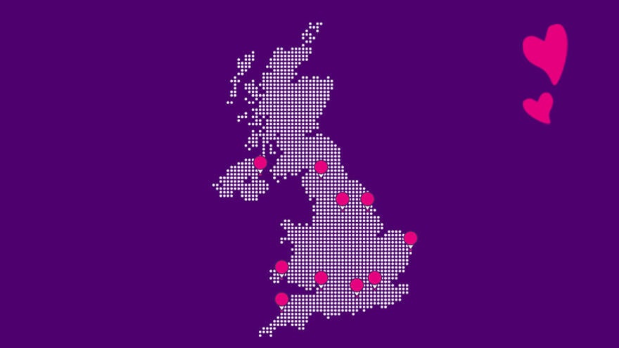 A map of the UK showing 10 different locations