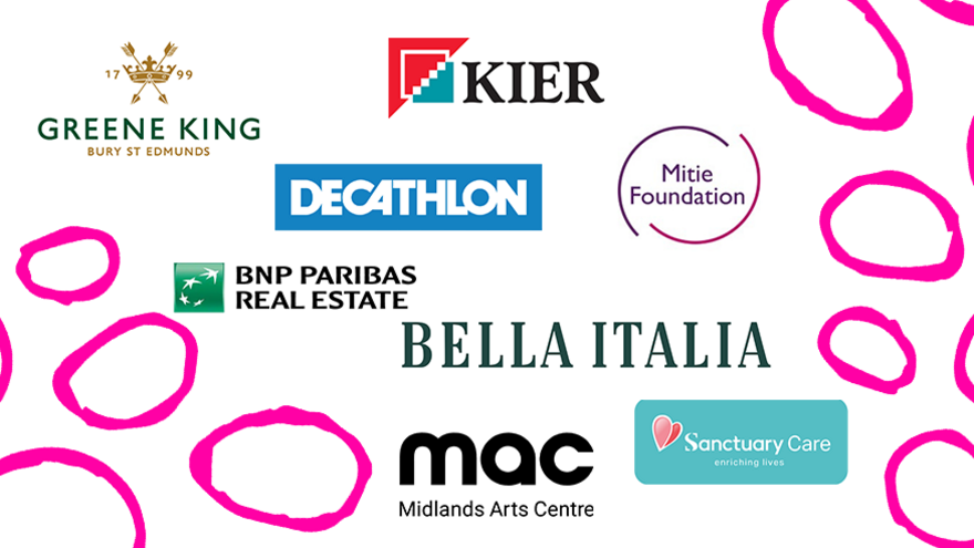 Logos from Greene King, Mitie Foundation, Kier, Bella Italia, Sanctuary Care, Decathlon, BNP Paribas Real Estate and Midlands Art Centre