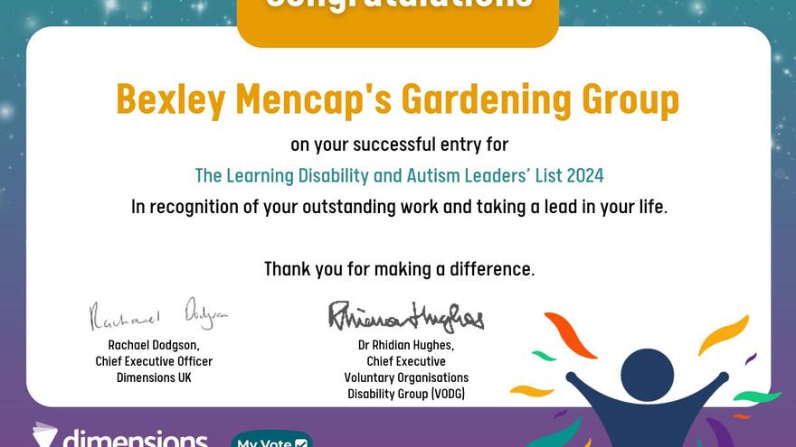 A certificate for Bexley Mencap's gardening group from the Learning Disability and Autism Leader's List