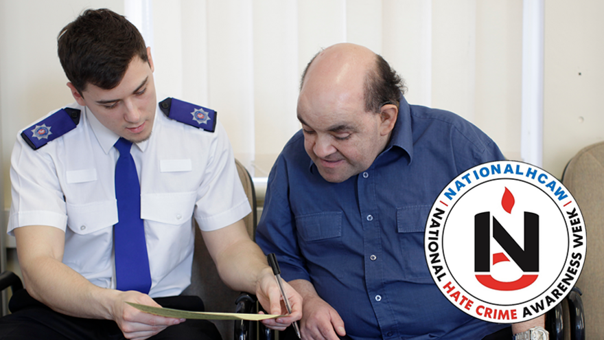 National Hate Crime Awareness Week logo next to a picture of a man talking to a policeman