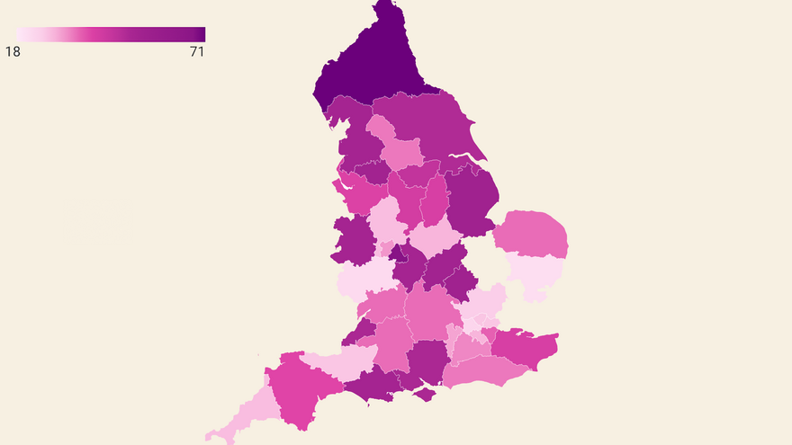 A purple map showing locations around England affected by the homes not hospital campaign
