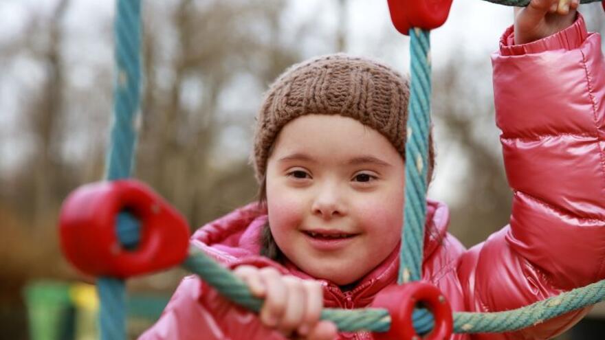Young girl with Down syndrome on a climbing net in a park