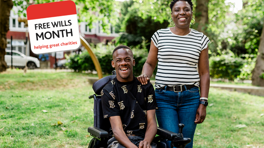 Brendan with a carer in a garden alongside the Free Wills Month logo