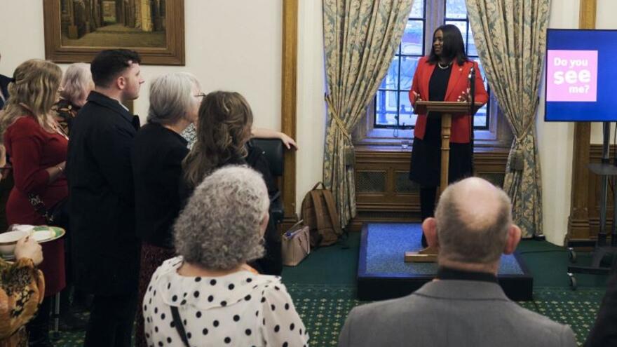 Marsha De Cordova MP talking from a lectern to a group of people in a room in the Houses of Parliament