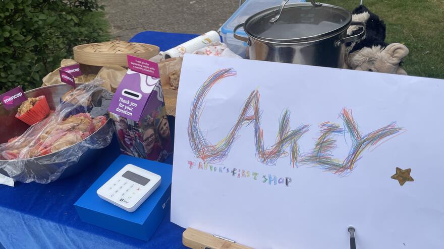 Picture of a homemade cakey poster, cakes and Mencap collection pot