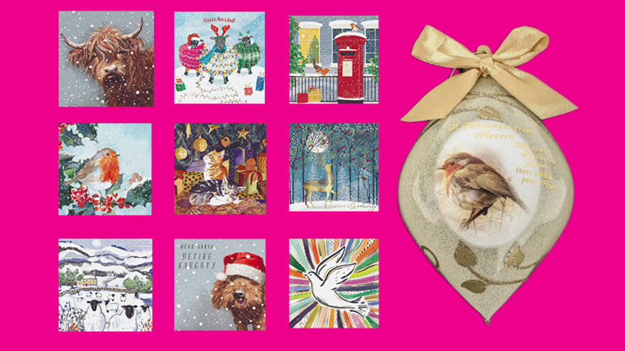 Images of 9 Christmas cards and a Christmas ornament