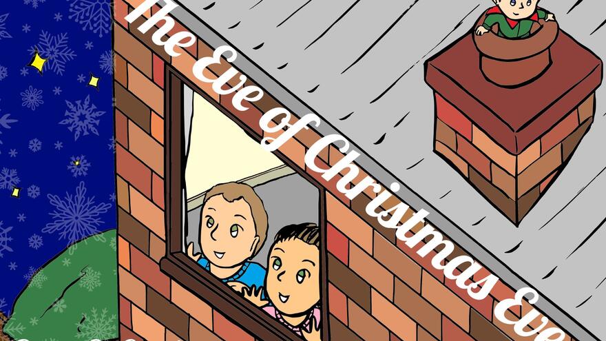 Cover of The Eve of Christmas Eve, drawing of children looking out a window and an elf coming down the chimney