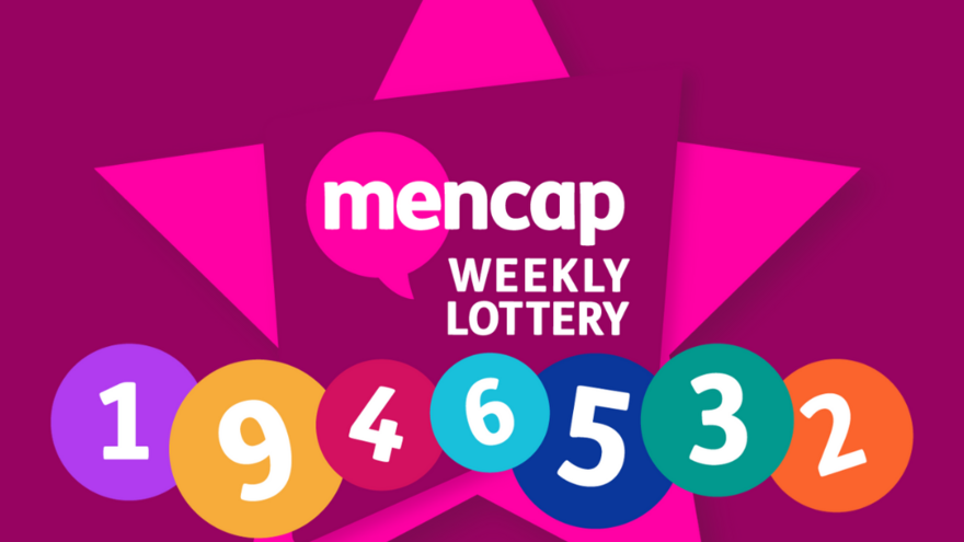 Mencap lottery icon with coloured number balls on a maroon background
