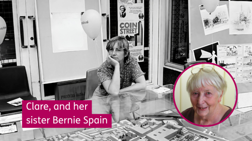 A black and white photo with a colour photo inserted in the corner. The images are Bernie and Clare