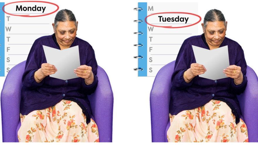 A woman sitting in a chair reading with a diary behind her with Monday circled.  Next to her is the same image with a diary with Tuesday circled.