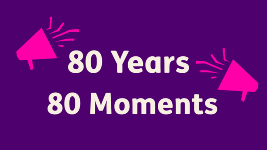 80 Years 80 Moments on a purple background with to speakerphone icons