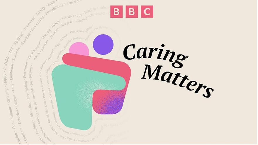Logo for the BBC Caring Matters week, which has abstract shapes of people hugging