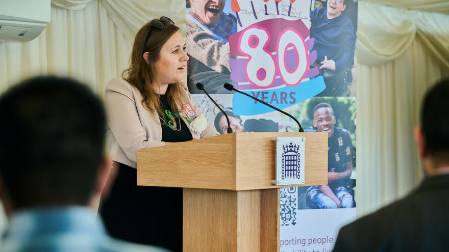 Jen Craft MP speaking at Mencap's 80th anniversary celebration in Parliament