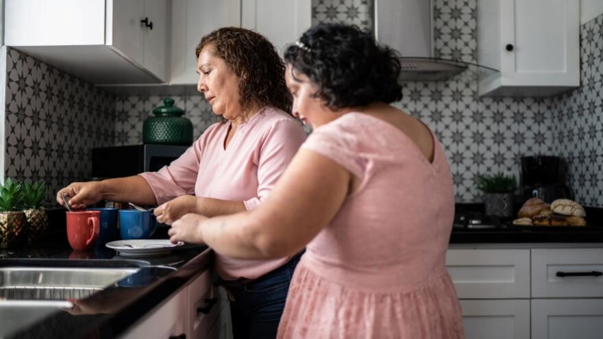 Two women doing the washing up in a kitchen