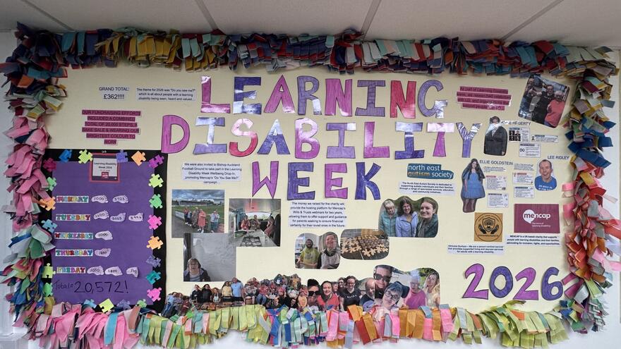 Information wall different pictures, information about Mencap and fundraising events held by Ethicare