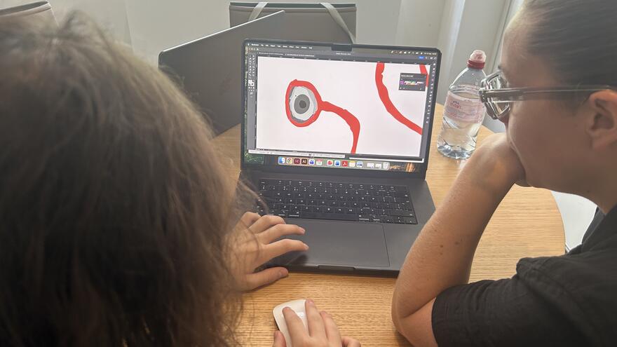 Josh and Annie are both looking at a hand drawn sketch on a laptop screen in the Mencap office
