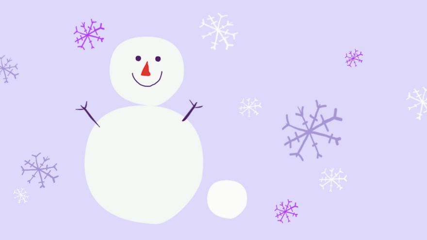 A hand drawn snowman on a light purple background with snowflakes around him