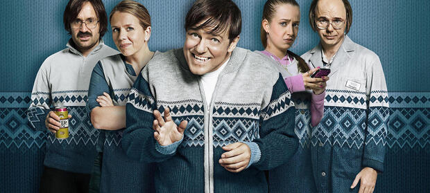Advert for television show, Derek. Characters stood in a row.