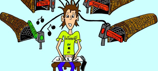 Cartoon image of a man sat with different tunnels behind his head. Each tunnel is labelled "vision", "smell", "taste" and "sound".
