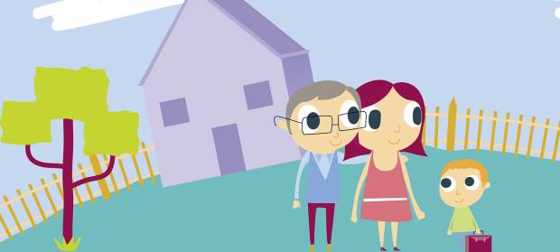 Cartoon image of mother and father stood with their son in garden in front of house.