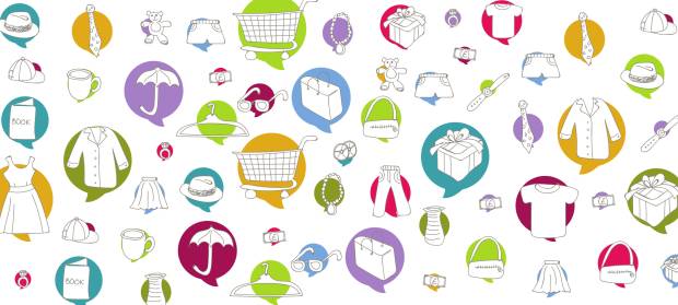 Cartoon image with lots of colourful circles, in which are items you might find at a shop