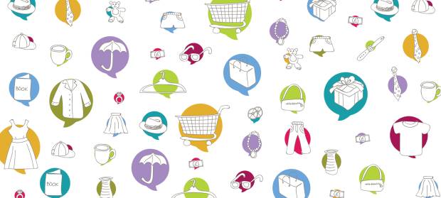 Cartoon image with lots of colourful circles, in which are items you might find at a shop.