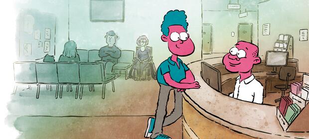 Cartoon image of person stood at counter in reception of doctor's surgery.